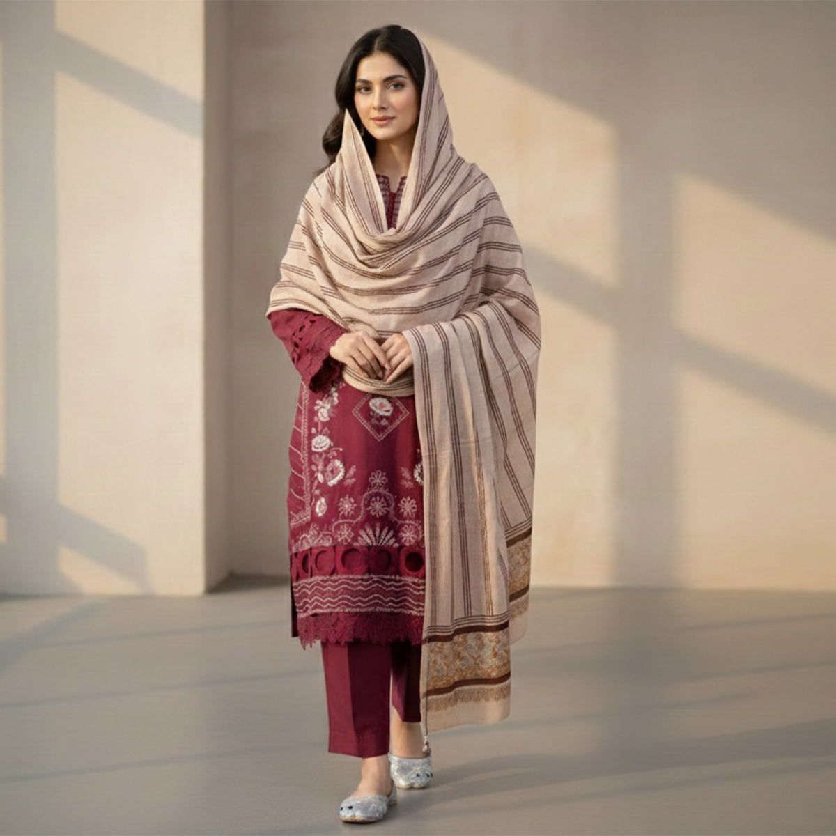 Luxury Heavy Embroidered Dhanak Suit – Velvet Jacquard Shawl (Stitched)