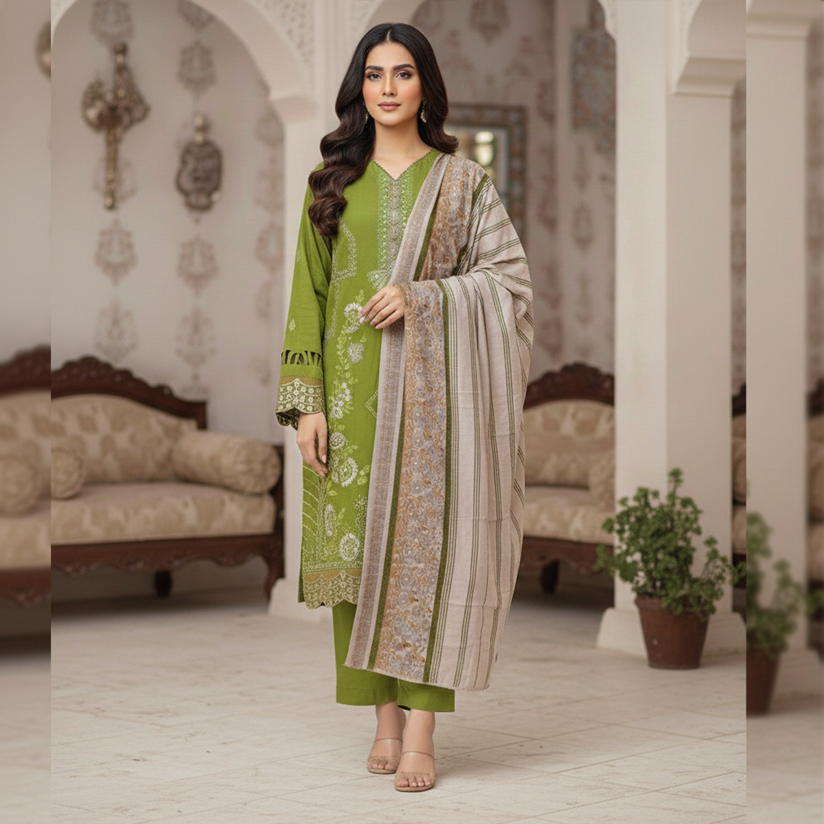 Luxury Embroidered Dhanak Suit – Olive Green with Velvet Jacquard Shawl (Stitched)